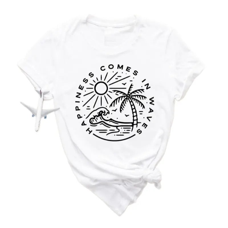 Happiness Comes In Waves Shirt, Summer Vacation Tee, Summer Trip Shirt, Surf Lover Shirt, Wave Lover Shirt, Beach Vibes Shirt, Unisex T-Shirt, Gifts For Friends, Short Sleeve Tee Shirt