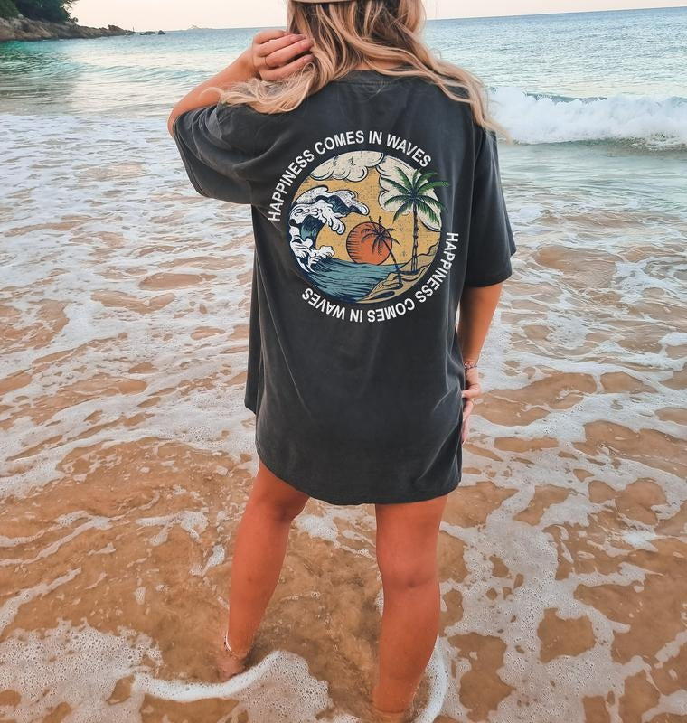 Happiness Comes in Waves Tee, Summer Graphic Tee, BeachT-shirt, Boho Tee, Vintage Inspired T-shirt