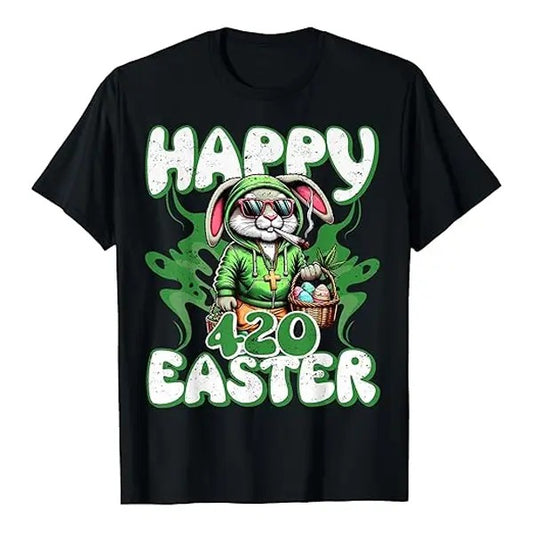 Happy 420 Easter Funny Smoking Easter 2025 Bunny Men Women T-Shirt - Graphic Tee Tops, Fashion Cotton, Full Colors, Full Sizes, For Men, For Women