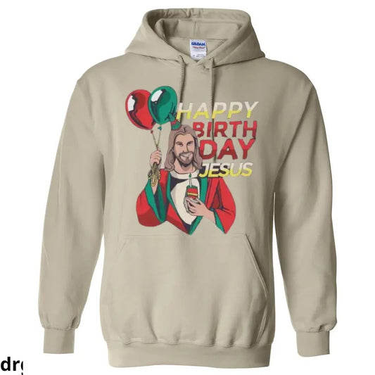 Happy Birthday Jesus Hoodie, Fun and Festive Christmas Sweatshirt with Jesus Holding Balloons Design, Cozy and Humorous Holiday Apparel Celebrations