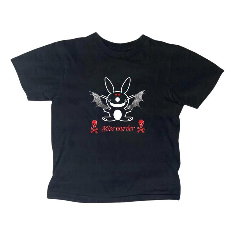 Happy Bunny Baby Tee for Girls - Gothic Emo Style Women's Top Y2K Streetwear - Womenswear, Summer