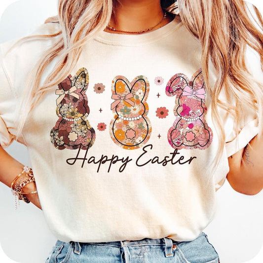 Happy Easter Bunny Floral T-Shirt, Easter Bunny T-Shirt, Retro Easter T-Shirt, Spring Floral T-Shirt, Girly Easter T-Shirt, Bunny Coquette