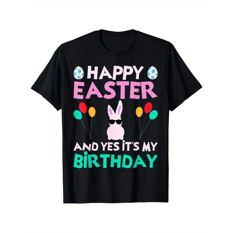Happy Easter Day And Yes It'S My Birthday Bunny Easter T-Shirt, Unisex Cotton Casual Round Neck Outdoor Short Sleeve T-Shirt with Slight Stretch, Slightly Elastic, 100%Cotton, S-XXXL made in usa