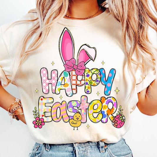 Happy Easter T-Shirt, Easter Bunny T-Shirt, Pastel Easter Coquette T-Shirt, Floral Spring T-Shirt, Bunny Bow T-Shirt, Trendy Girls Easter