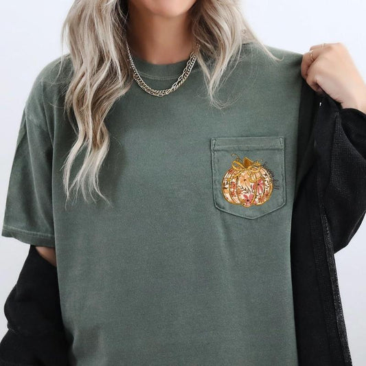 Happy Fall, Pumpkin, Thanksgiving, Flowers, Pocket Tee, Women's Comfort Colors Tee