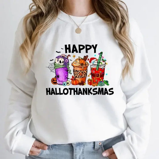 Happy HalloThanksMas Coffe Shirt, Funny Gnome Sweatshirt, Cute Drinking T-shirt, Women Christmas Shirt, Thanksgiving Tee Top Womenswear