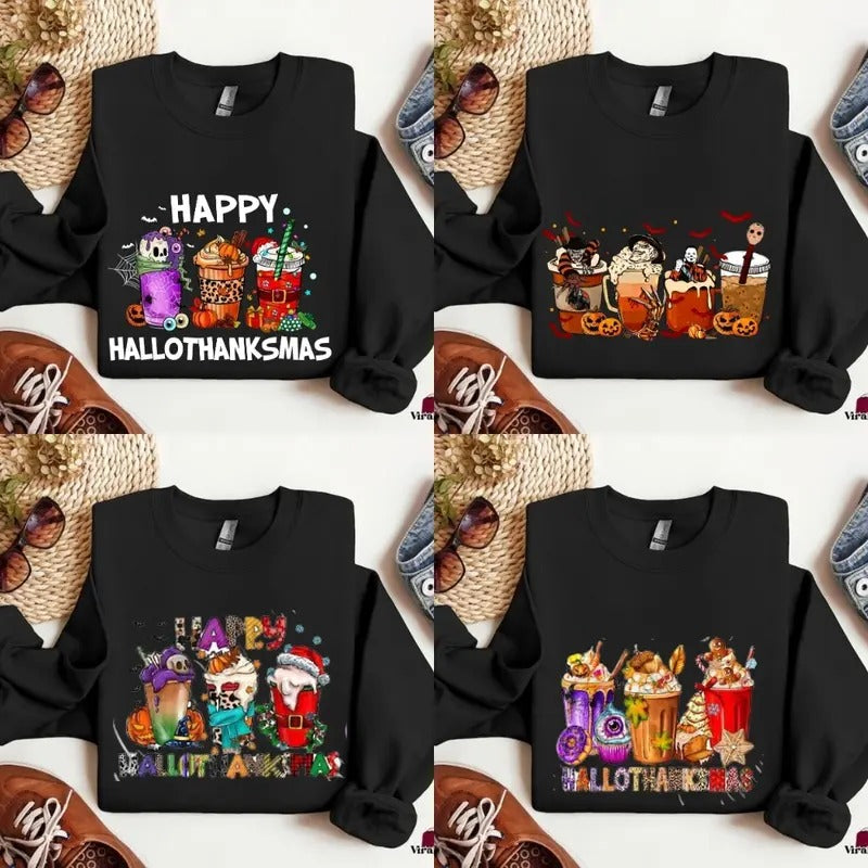 Happy Hallothanksmas Funny Halloween Thanksgiving Christmas Men Women Sweatshirt Graphic Print Unisex