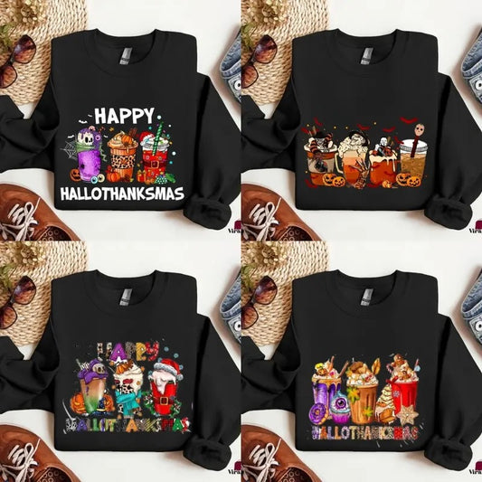 Happy Hallothanksmas Funny Halloween Thanksgiving Christmas Men Women Sweatshirt Graphic Print Unisex
