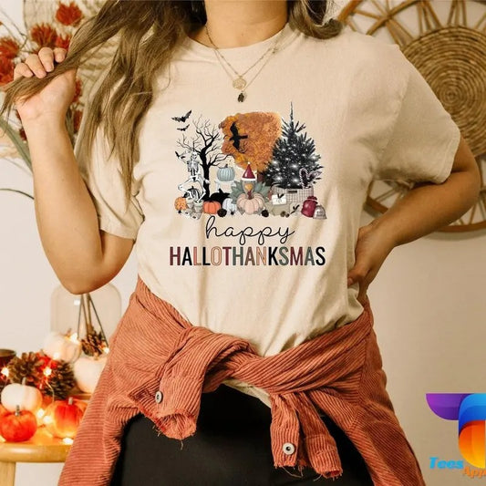 Happy Hallothanksmas Shirt, Happy Halloween Thanksgiving Christmas Shirt, Holiday Season Shirt, Funny Halloween Gift, Fall Shirt, Autumn Tee Cotton Polyester