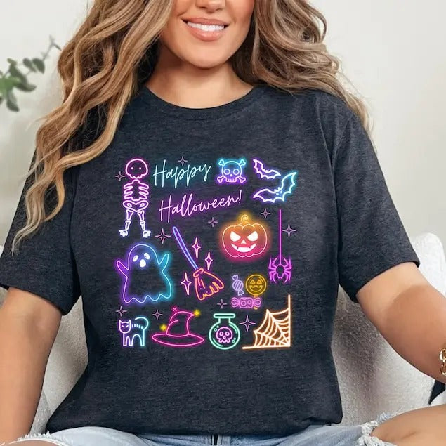 Happy Halloween Neon Shirt, Halloween Skeleton Shirt, Halloween Ghost Neon Shirt, Halloween Party Shirt, Pumpkin T-Shirt, Bats Black Cat  T-shirt, sweater and Hoodie