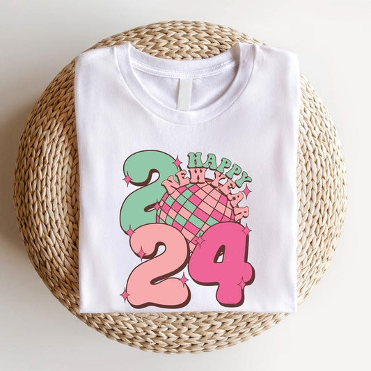Happy New Year 2024 Shirt, Disco New Year T-shirt, Christmas Gift Shirt For Woman, Matching Family New Year Gathering Tee.