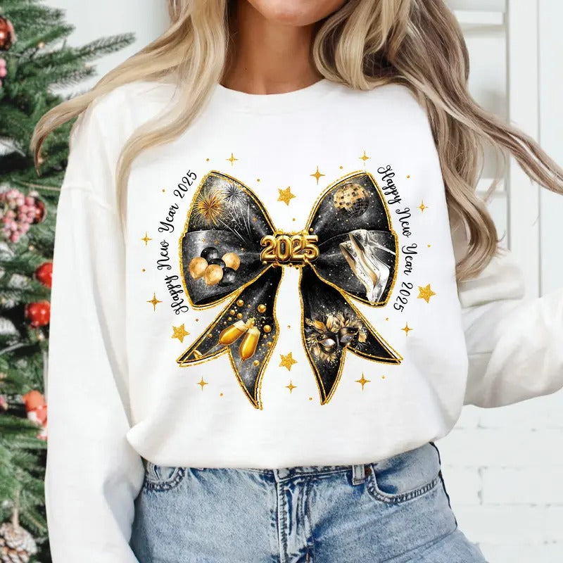 Happy New Year 2025 Coquette Bow Sweater, New Years Disco Ball, Gold Blink Effect Graphic Printed, Hello 2025 Shirt