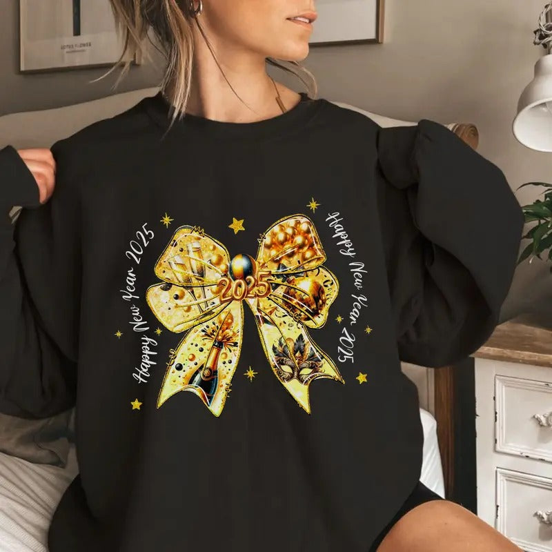 Happy New Year 2025 Yellow Blink Coquette Bow Graphic Printed Sweatshirt, Christmas Coquette Bow, Happy New Year Gift 2025 Shirt, Gift for Her