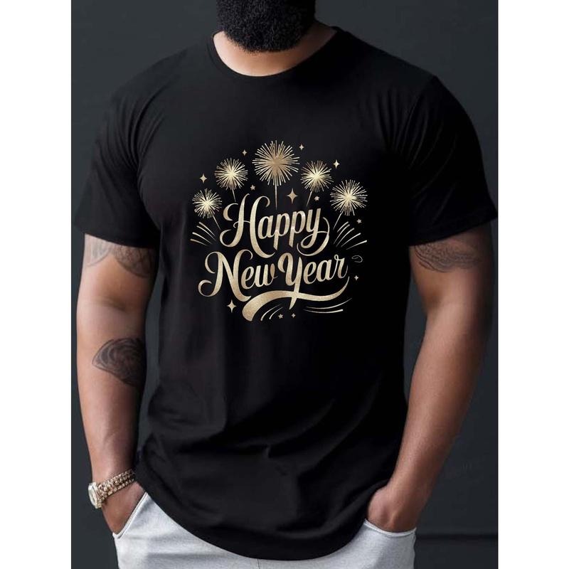 Happy New Year Fireworks & Stars Print Men's T-Shirt - Casual Short Sleeve, Breathable Cotton, Summer Fashion Tee Made in USA