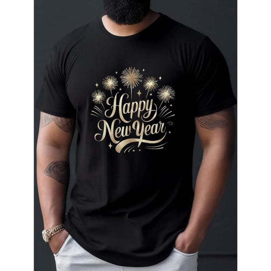 Happy New Year Fireworks & Stars Print Men's T-Shirt - Casual Short Sleeve, Breathable Cotton, Summer Fashion Tee Made in USA