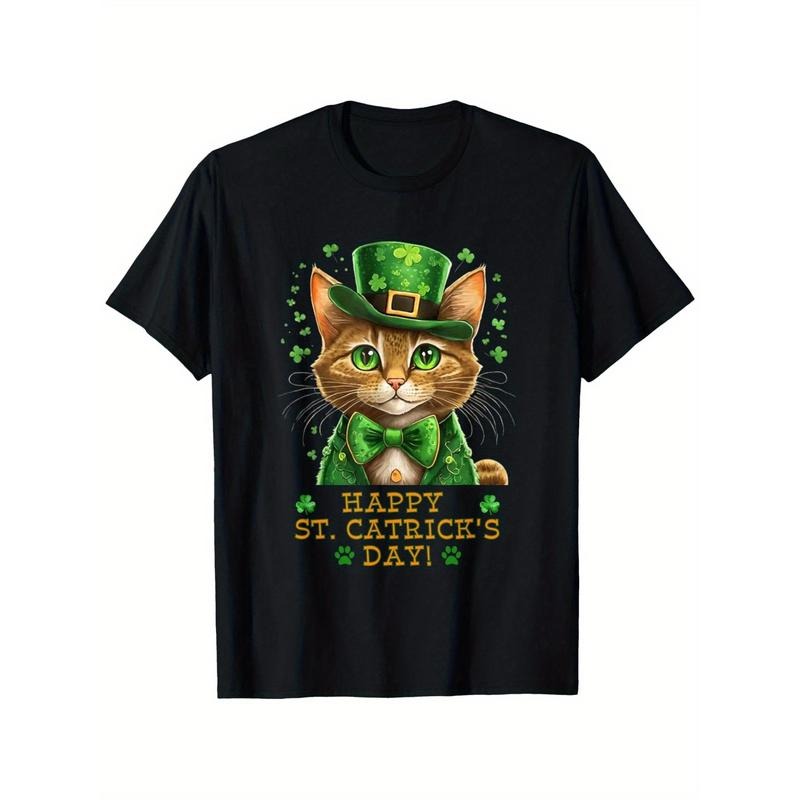 Happy St. Patrick's Day Cat Graphic T-Shirt – Funny Black Cotton Tee with Festive Leprechaun Cat Design, Casual Round Neck Short Sleeves, Comfortable & Versatile,  made in usa