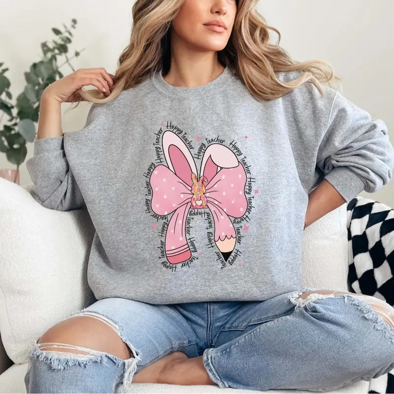 Happy Teacher Cute Coquette Bow Easter Bunny Sweatshirt, Teacher Easter Sweater, Teacher Appreciation Gift, Spring School Teacher Sweater