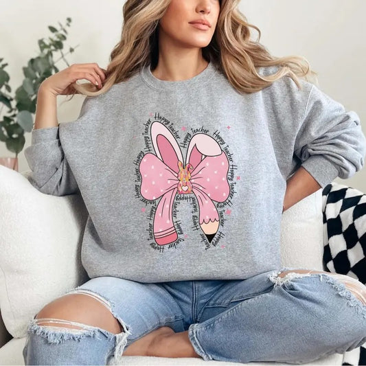 Happy Teacher Cute Coquette Bow Easter Bunny Sweatshirt, Teacher Easter Sweater, Teacher Appreciation Gift, Spring School Teacher Sweater