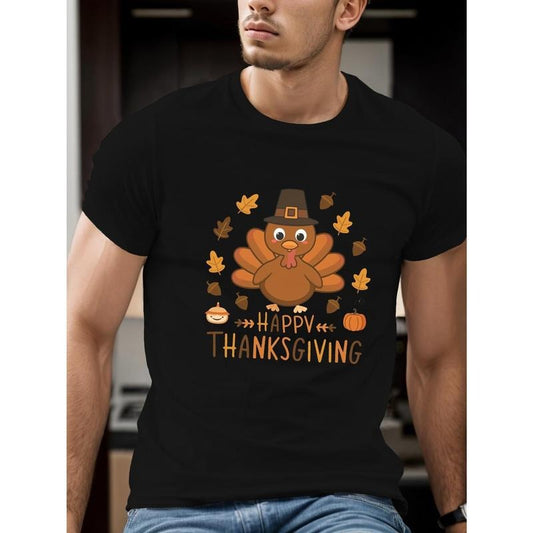 Happy Thanksgiving Turkey Men's Polyester T-Shirt - Crew Neck, Geometric Pattern, Casual Knit Fabric with Slight Stretch, Regular Fit Summer Tee made in usa