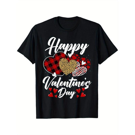 Happy Valentine'S Day Hearts with Leopard Plaid Valentine 180g Cotton T-Shirt One Side Print Short Sleeve Valentine'S Day Gifts, Holiday Gifts for Summer and Fall made in usa