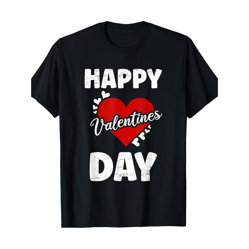 Happy Valentine's Day Couples Matching T-Shirts - 100% Cotton, Casual Crew Neck with Geometric Print, Short Sleeve - Perfect for All Seasons made in usa