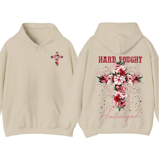 Hard Fought Hallelujah 2-sided Hoodie & T-Shirt, FLoral Christian Tee, Jesus is King, Vinatge Graphic 90s Tees, Casual Tops For Men For Women