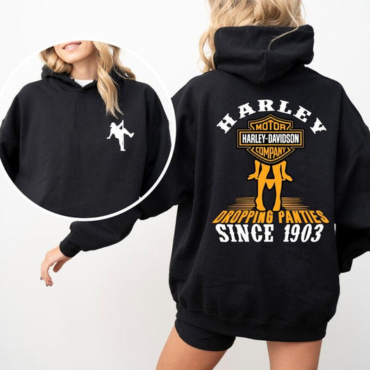 Harley with Girl Graphic Hoodie, Bold Biker Statement Sweatshirt, Motorcycle Enthusiast Design, Cozy Unisex Fall Streetwear, Cotton Hoodie Trending on TikTok, Heavyweight Cotton Hoodie, Gift For Him, For Her