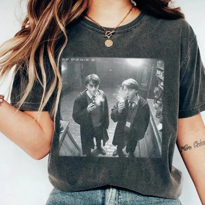 Harry and Ron Smoking Shirt Wizarding Fan Funny 90s Meme, Unisex Classic Cotton Tee with Graphic Print in All Sizes, For Men, For Women