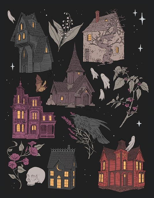 Haunted Houses Art Print - Dark Romantic Decor with Ghosts Botanicals for Halloween Night Scene