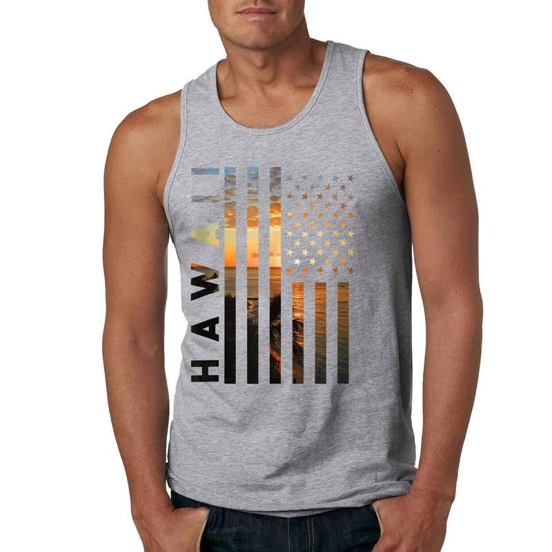 Hawaii Sunset American Flag Honolulu Hawaiian Island Unisex Tank Top, Cotton, Size S-3XL