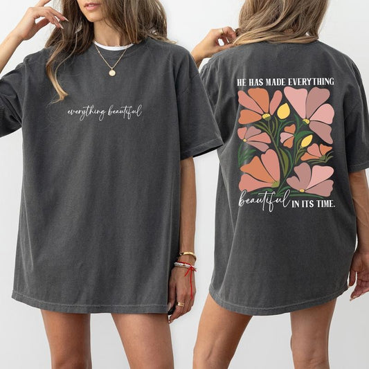 He Has Made Everything Beautiful Shirt Comfort Colors, Boho Christian Gift, Wildflower Bible Quotes Women Tee, Religious Oversized Womenswear