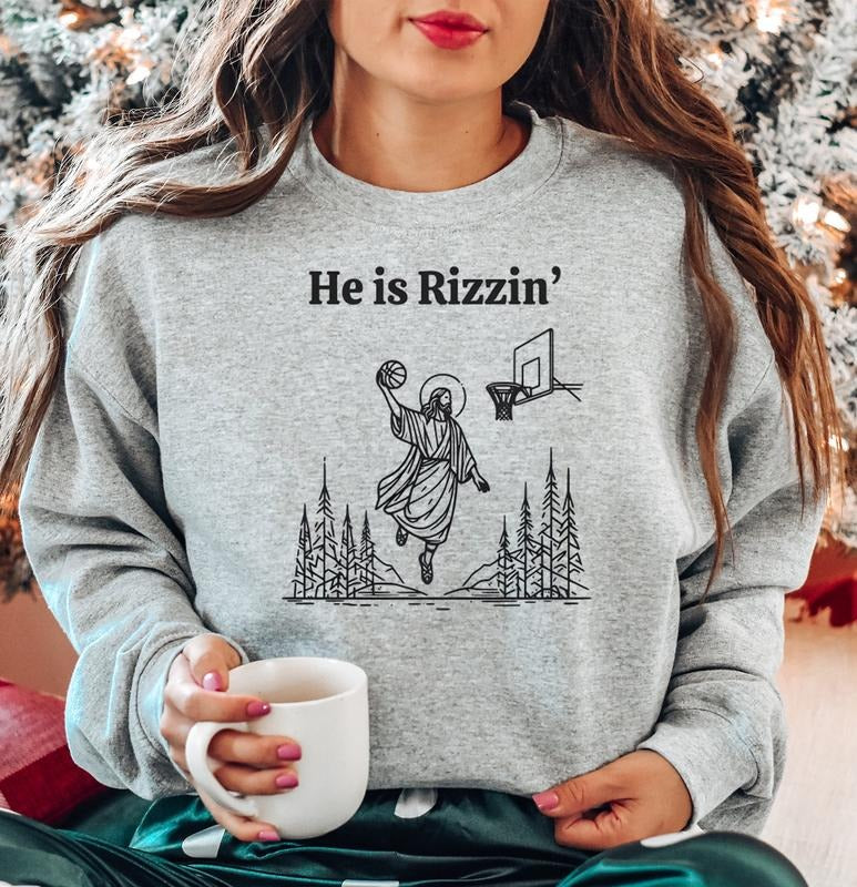 He Is Risen Funny Easter Sweatshirt, Jesus Playing Basketball Shirt, Retro Christian Faith Religious Graphic Tee Gift, Unisex Sweatshirt, Gifts For Women Sweater, Gifts For Birthday Mothers Day Fit Womenswear