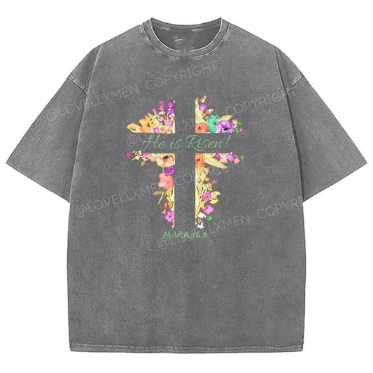 He Is Risen Washed T-Shirt, Christian t shirts, Christian Jesus  t shirts, Vintage 90s Graphic Tee Gift Cotton Top Womenswear, Mineral color