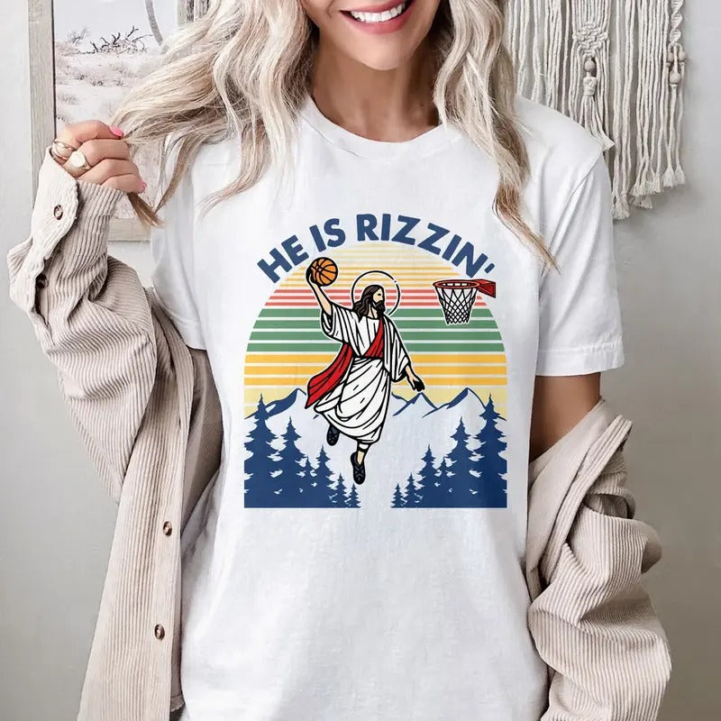 He Is Rizzin' shirt, Jesus Basketball Easter Shirt, Jesus He Is Risen Shirt, Christian Religious Graphic Tee, Y2K Faith Clothing, Easter Day Gift, Christian Easter Shirt, Easter Day Gift, Hodie and Sweater, T-Shirt