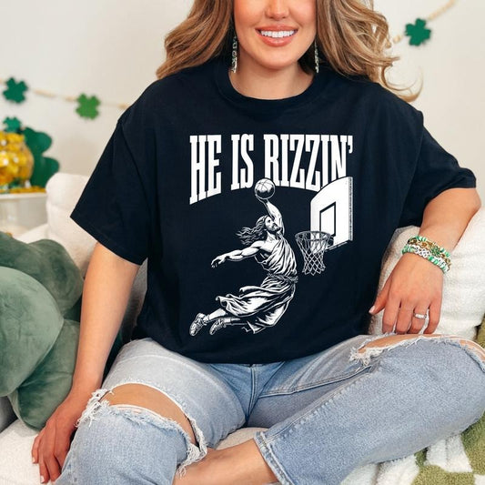 He Is Rizzin Funny Jesus Basketball Meme Top Womenswear Underwear Streetwear Shortsleeve Summer Comfort
