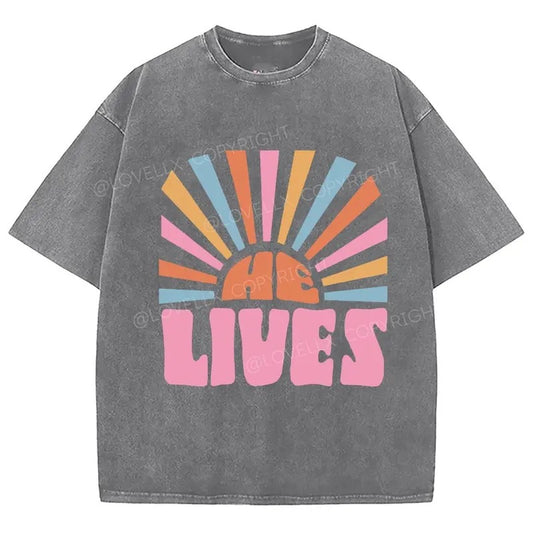 He Lives Washed T-Shirt, Christian Jesus  t shirts, Vintage 90s Graphic Tee Gift Cotton Top Womenswear, Mineral color