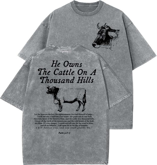 He Owns The Cattle On A Thousand Hills Unisex Washed T-Shirt, Christian t shirts, Vintage 90s Graphic Tee, Gift Top Womenswear Cotton Mineral Color