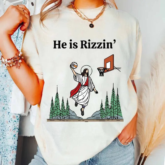 He is Risen Funny Easter Shirt, Jesus Playing Basketball, Retro Y2K Christian, Faith Religious Graphic Tee, Weirdcore Clothing That Go Hard