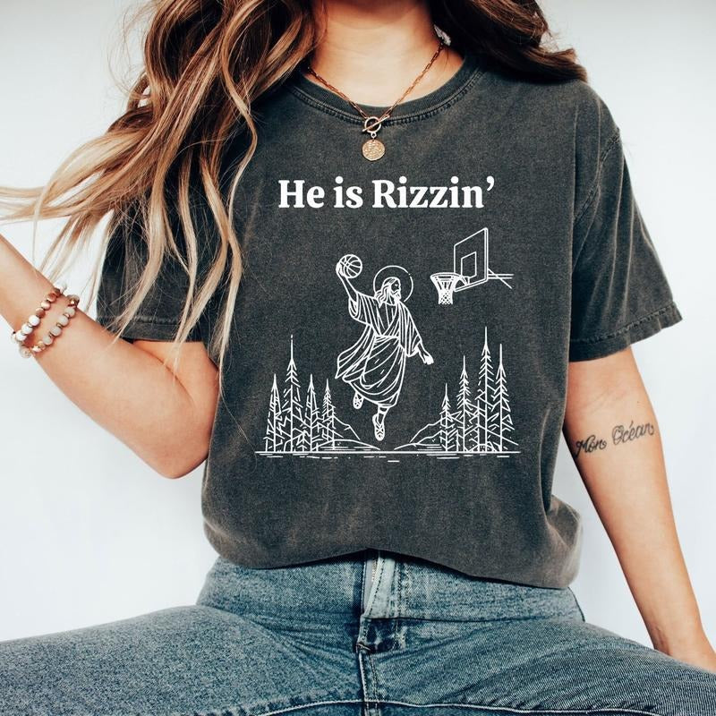 He is Rizzin' Funny Jesus Playing Basketball T-Shirt, Funny Jesus Shirt, Jesus Basketball Easter Shirt, Easter Gift Classic Menswear
