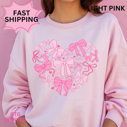 Heart Shape Bow Valentines day Crewneck ~ Sweatshirt Unisex Apparel Relaxed Fit Printed in the USA Clothing Womenswear Casual and Comfortable