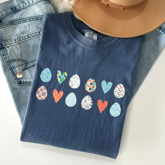 Hearts and Eggs, Colorful Easter Comfort Colors Tshirt, Women's Crew Neck, Crewneck