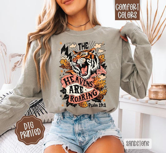 Heavens Are Roaring Comfort Colors Long Sleeve T-Shirt, Cute Women's Fall Religious Tee