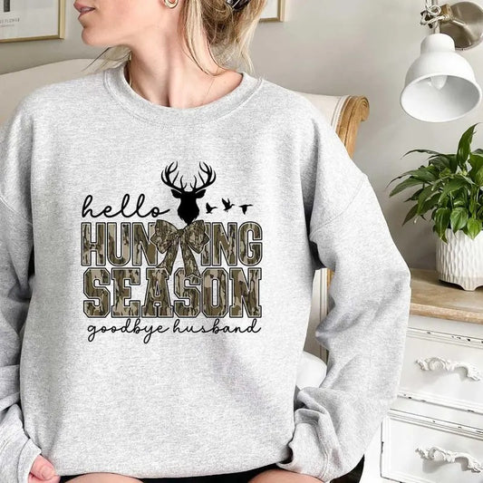 Hello Hunting Season Goodbye Husband Sweatshirt, Hunting Lover Sweater, Deer Hunters Shirt, Camo Sweatshirt, Hunting Lover