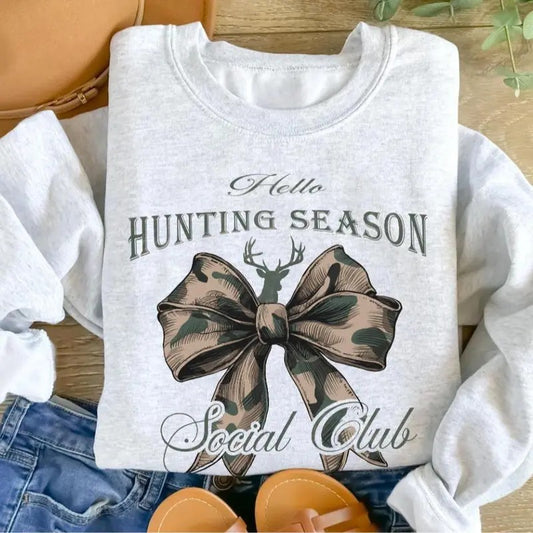 Hello Hunting Season T-shirt Sweatshirt Hoodie, Social Club Camo Hunting Coquette Bow Shirt Classic Menswear