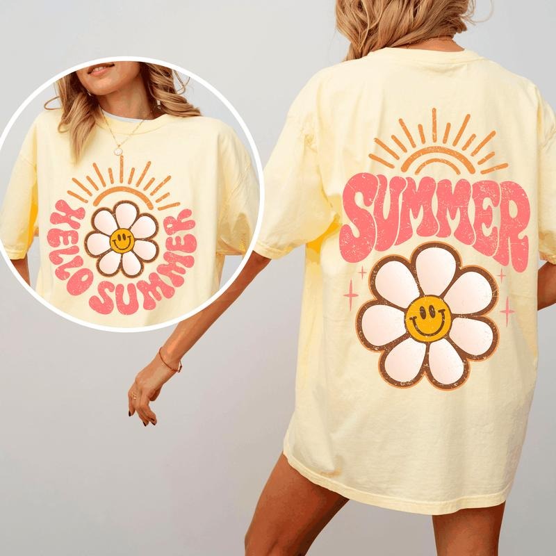 Hello Summer, Smiley Daisy, Beach, Fun, Front and Back, Comfort Colors T-Shirt, Women's Comfort Colors Tee