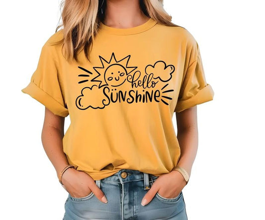 Hello Sunshine Comfort Colors Tee Shirt Casual Yellow with Sun Design and "Hello Sunshine" Text, Comfortable Fit for Women
