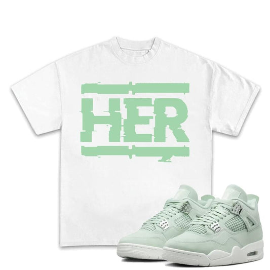 Her Match 4s Seafoam Outfits Sneakers, Unisex Cotton T-shirt, Y2K Graphic Tee, Fitted Crewneck for Modern Looks