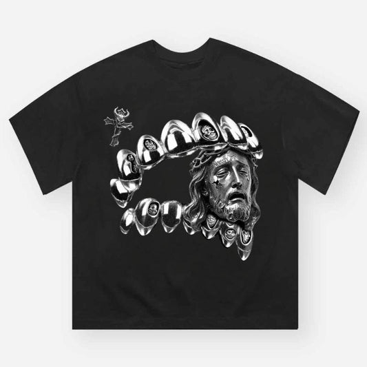 High Quality Diamond Steel Teeth & Jesus Print T-Shirt, Vintage Graphic Tee, Y2k Clothing, Unisex Cotton Crewneck T-Shirt - Medium, Short Sleeve, Casual Streetwear Printed Tee