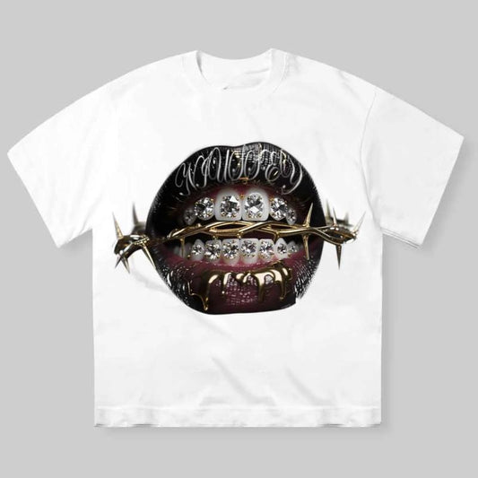 High Quality Thorn Diamond Lips Print T-shirt, Vintage Graphic Tee, Y2k Clothing, Unisex Cotton Crewneck T-Shirt - Medium, Short Sleeve, Casual Streetwear Printed Tee