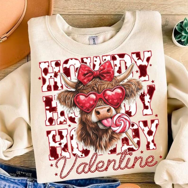 Highland Cow | Retro Valentine Coquette Sweatshirt | Heart Western Designs